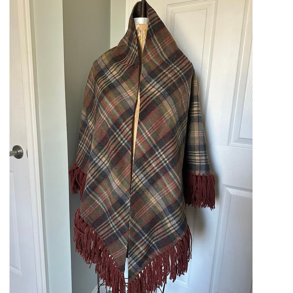 Vintage Plaid Wool Shaw Fringe Triangle brown rust gray olive green 82”x82” - Picture 3 of 16